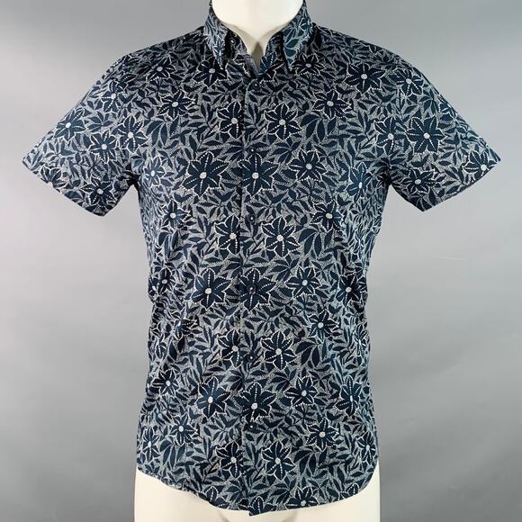 TED BAKER Size XS Calous Navy White Abstract Floral Cotton Short Sleeve Shirt - Picture 1 of 6